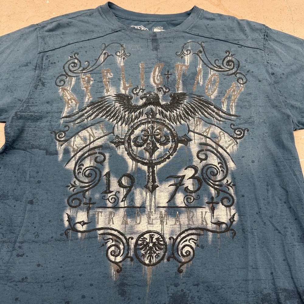 Affliction Shirt Mens Large Blue Eagle Cross 1973 Graphic Tee Biker Gothic - Picture 2 of 8